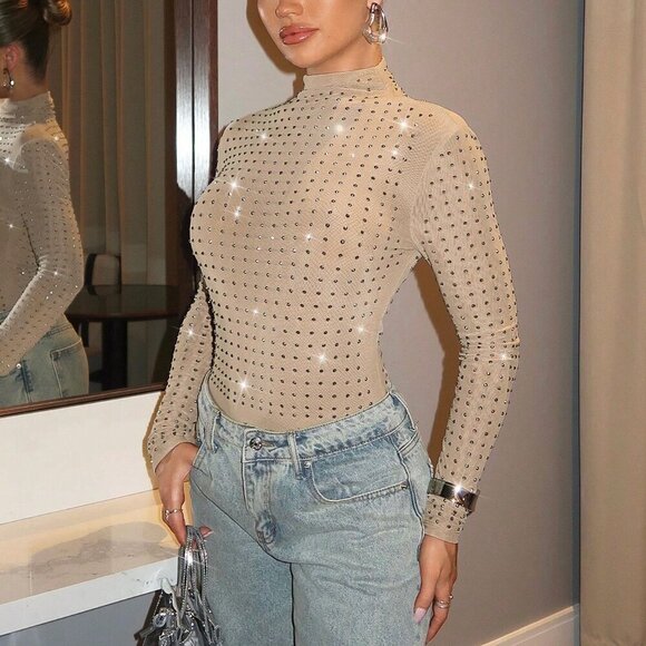 Khaki Casual Women's Stand Collar Long Sleeve Rhinestone Decorated Bodysuit - Picture 4 of 5